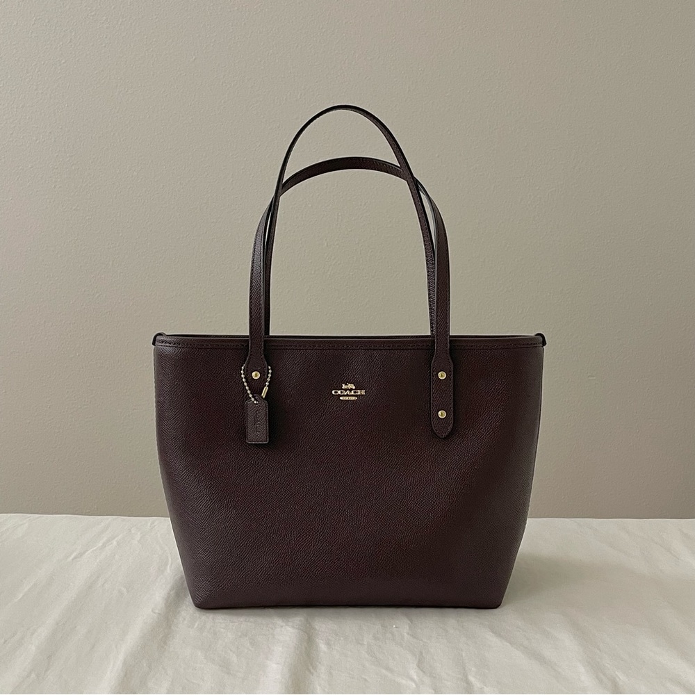 coach mini city zip top tote in oxblood crossgrain leather